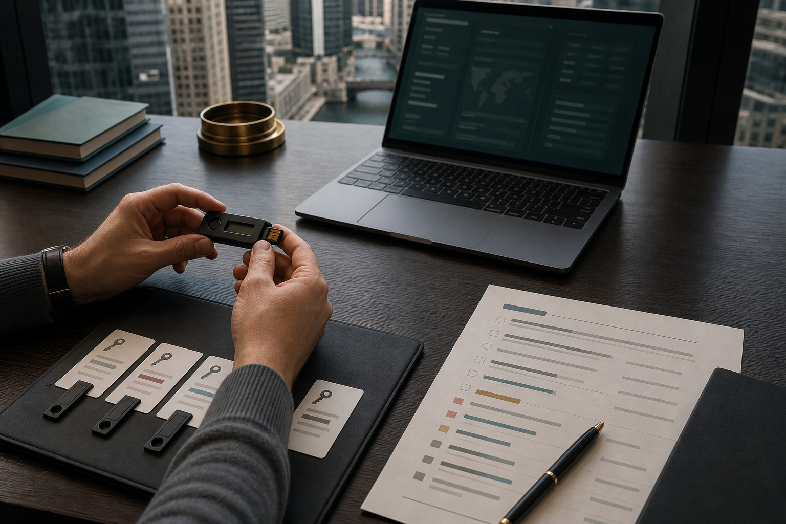 Security engineer reviewing hardware tokens and an access checklist