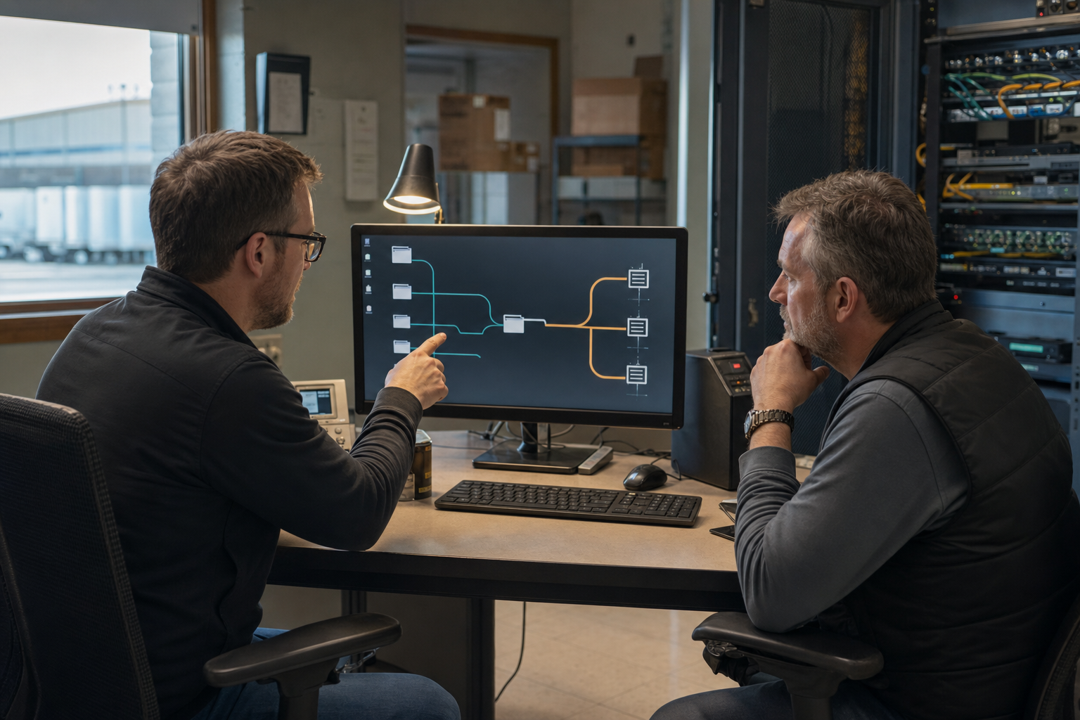 Operations specialists reviewing a file transfer path