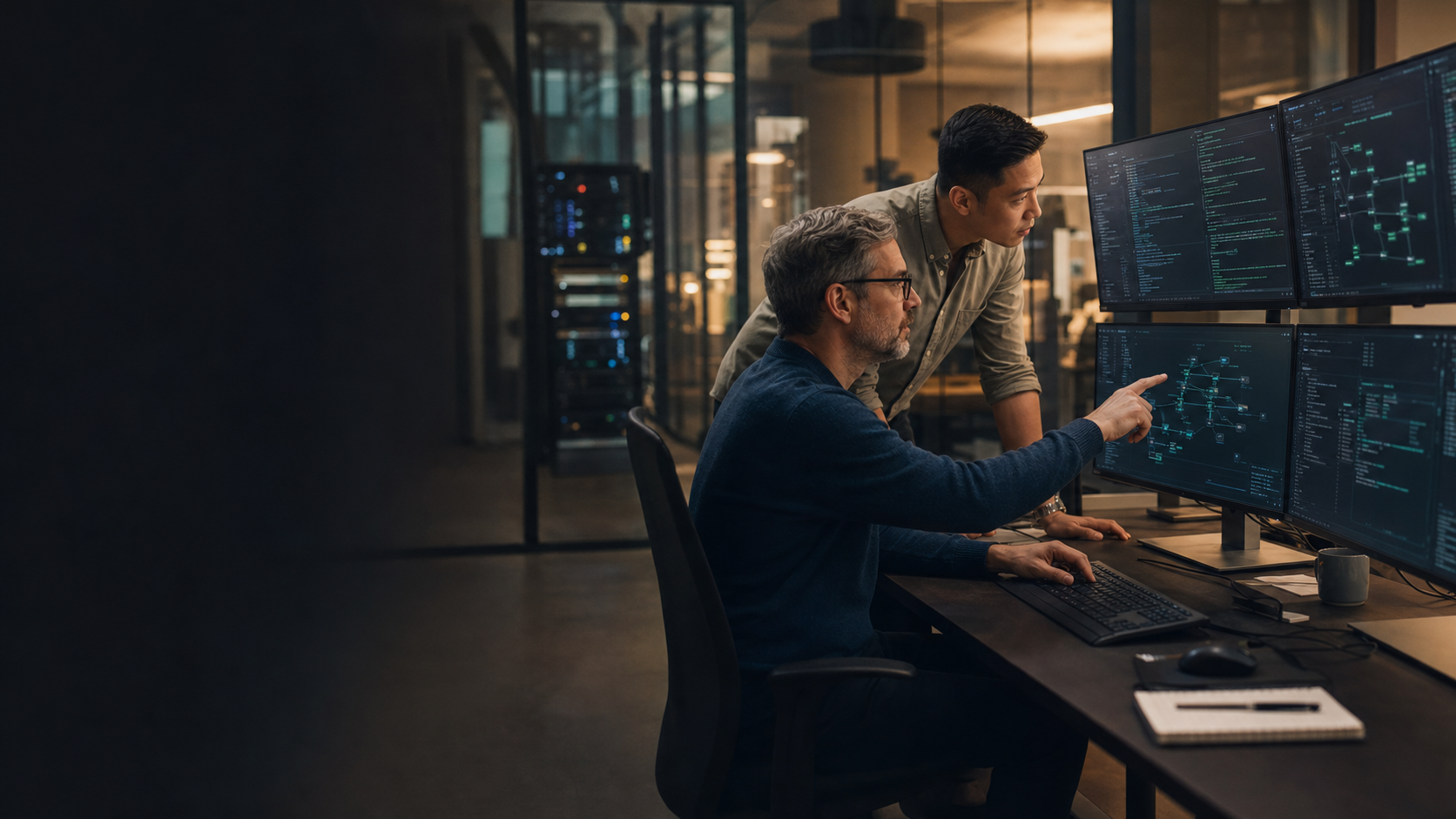 Two infrastructure consultants reviewing remote systems from a Chicago office