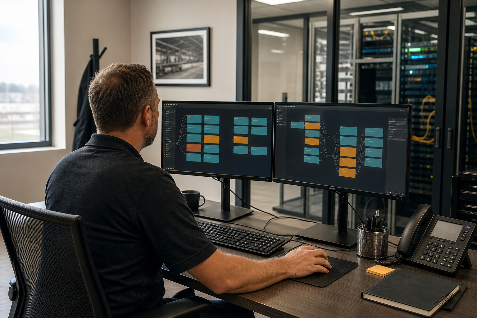 Administrator organizing remote session routes across two displays