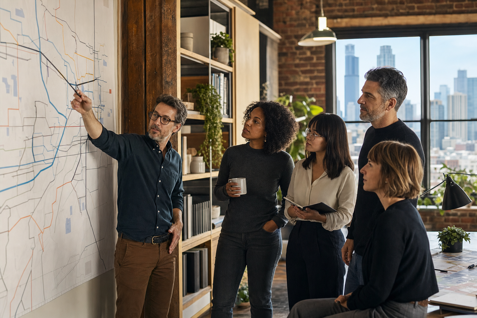 Northline consultants reviewing a physical systems map in their Chicago studio