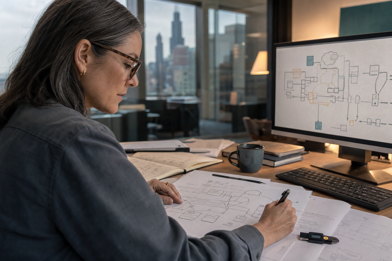 Infrastructure architect mapping secure SSH routes beside a workstation