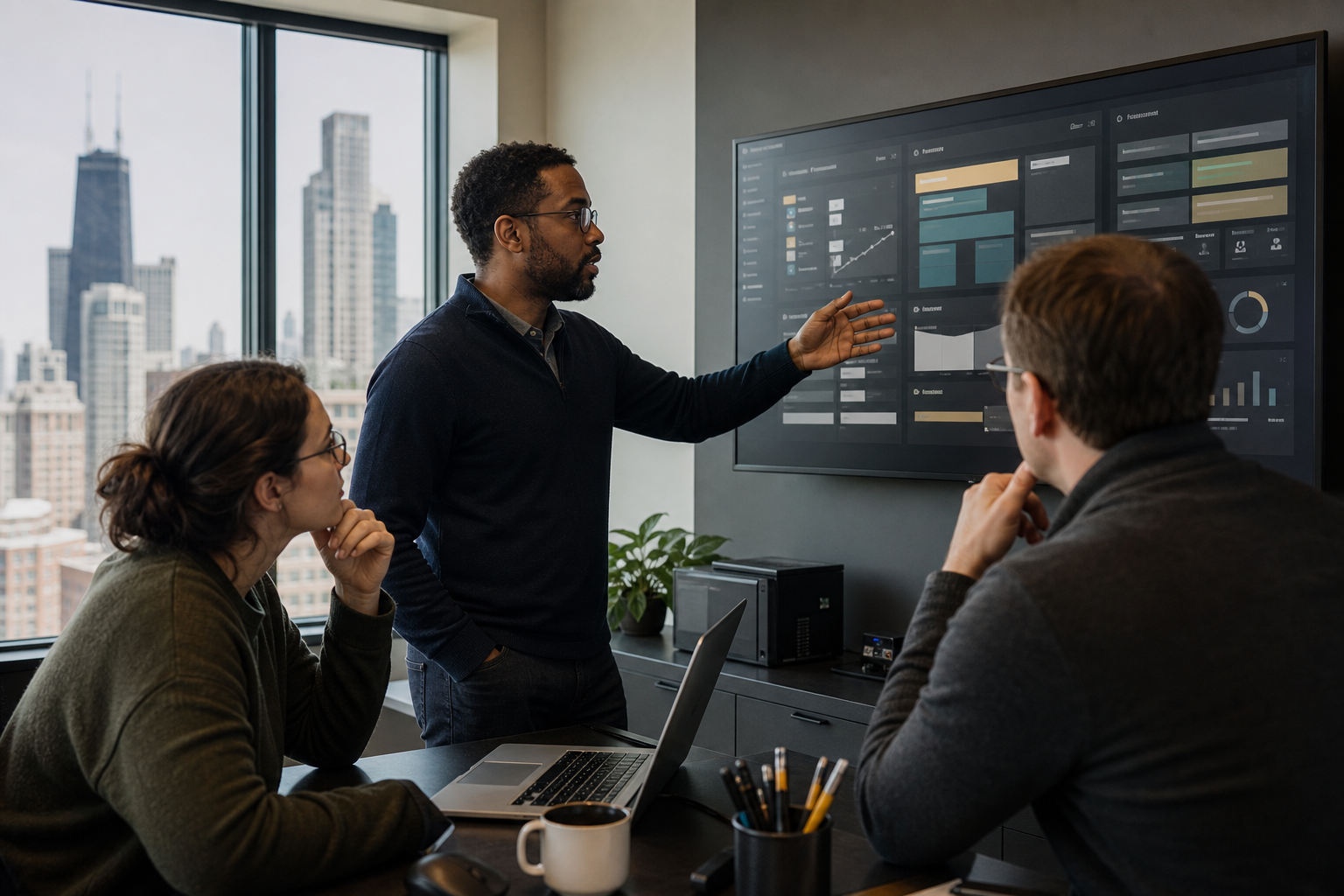 Windows infrastructure team reviewing remote operations on a wall display