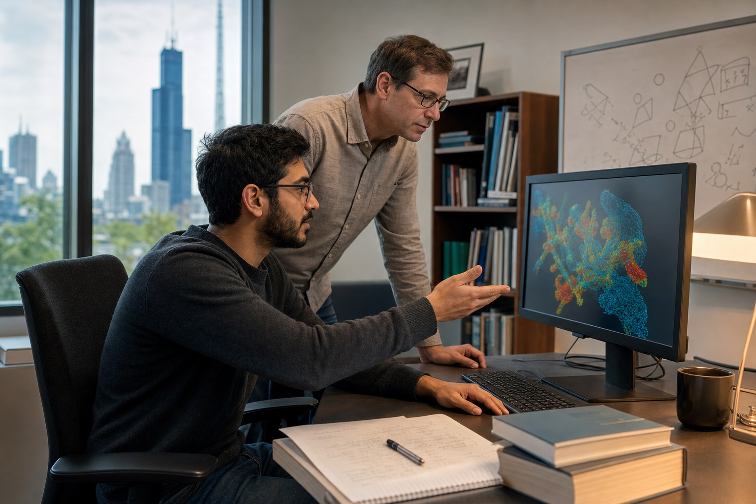 Researcher and consultant reviewing a remote scientific visualization on Windows